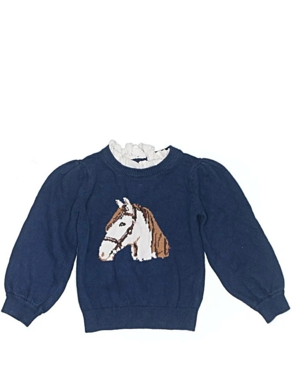 Janie and Jack Navy Horse Intarsia Puff Sleeve Sweater